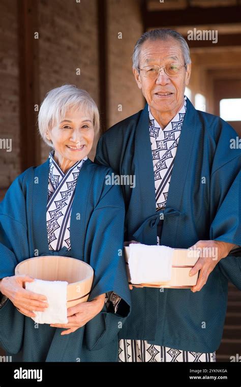 Senior Couple In Yukata And Haori At The Hot Spring Stock Photo Alamy
