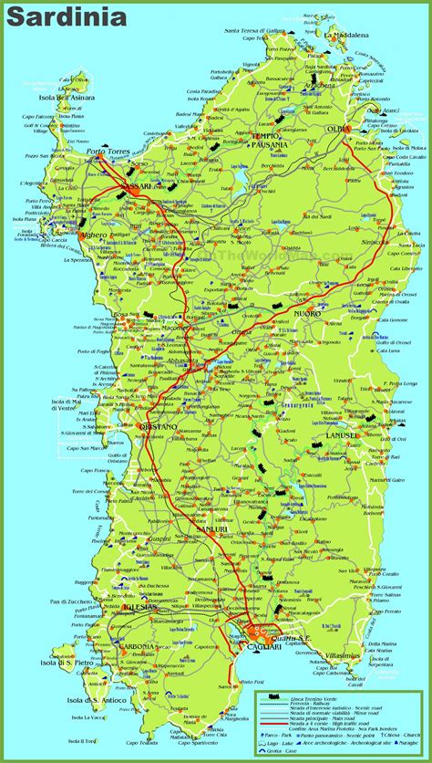 large detailed map sardinia cities towns roads