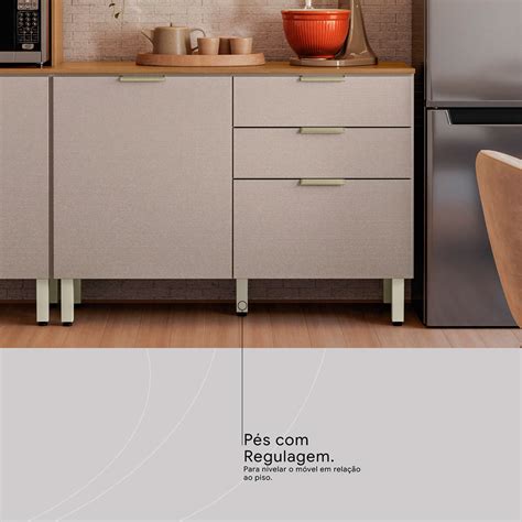 Balcão de Cozinha Alba Tampo Portas Gavetas Amêndola e Nude