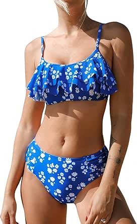 Amazon Cupshe Women S Bikini Sets Two Piece Swimsuit Mid Rise Shirred Bottom Scoop Neck