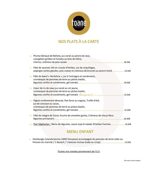 Carte Et Menus Toane Craponne Thefork