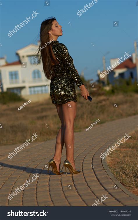 Hot Sexy Brunette Shining Gold Dress Stock Photo Shutterstock