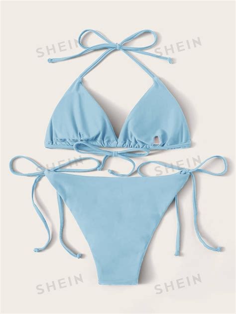 Shein Swim Solid Bikini Set Triangle Bra Thong Bottom Piece Bathing Suit Shein Uk