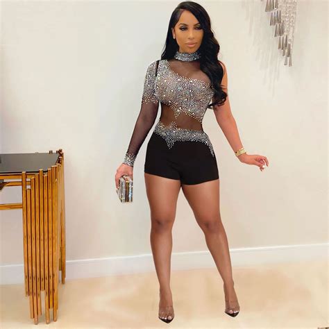 Dear Fashion Wholesale Plus Size Mesh Hot Drilling One Shoulder Club Romper NY DF