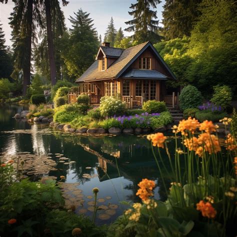 Premium Photo A Serene Lakeside Cabin Surrounded By Lush Greenery