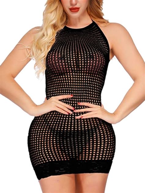 Amazon Fasicat Women Lingerie Fishnet Babydoll Halter Stretch Chemise One Size Black