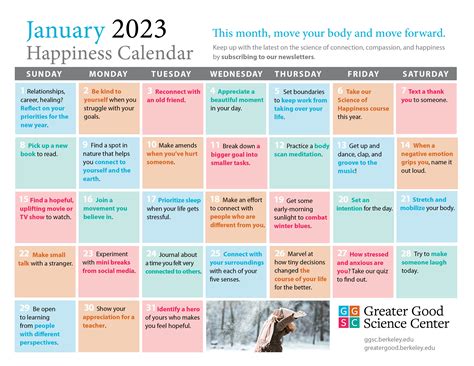 Happiness Calendar January 2025 - Jamie Clara