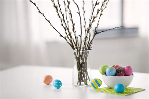 Premium Photo Pussy Willow Branches And Colored Easter Eggs