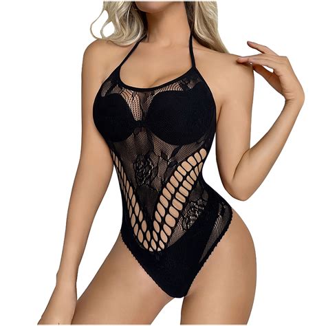 Herrnalise Women Fishnet Bodystocking Lingerie Sexy Sleeveless Lace Bodysuit Halterneck One