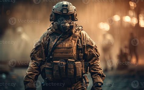 Professional soldier dressed in protective uniform against fire