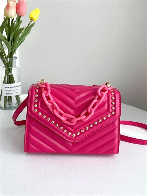 Olivia Mark Chevron Embossed Studded Decor Flap Chain Square Bag