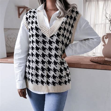 Houndstooth Sweater Vest For Women Oversized Black And White Knitted