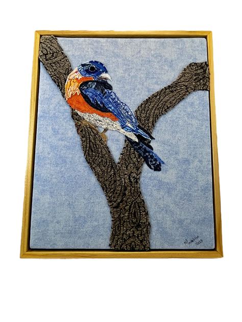 Eastern Bluebird, Fabric Collage w/Thread Painting | Madeleine Fabric Art