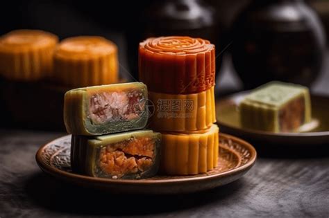 一盘不同馅料的月饼高清图片下载 正版图片600109399 摄图网