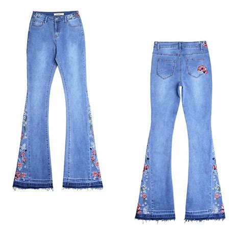 Chartou Womens Chic Floral Embroidered Highrise Bell Bottom Flare Jeans