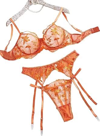 Amazon Generic Floral Embroidery Mesh Lingerie Set Garter Belt Orange Large Clothing