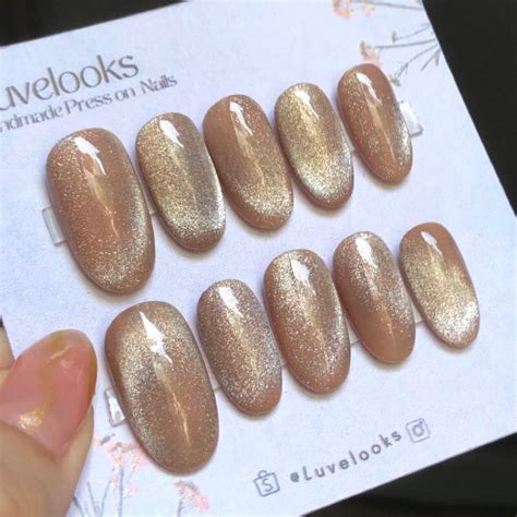 Jual Cateye Nude Brown Bludru D Pcs Bisa Ganti Warna Handmade Press On Nails Uv Velvet Cat