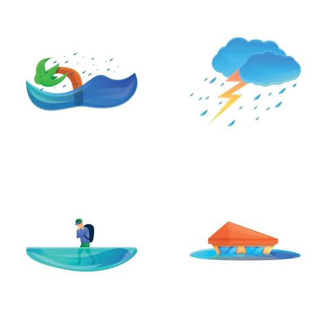 Flooding Icons Set Cartoon Vector Man House And Plant During Rain