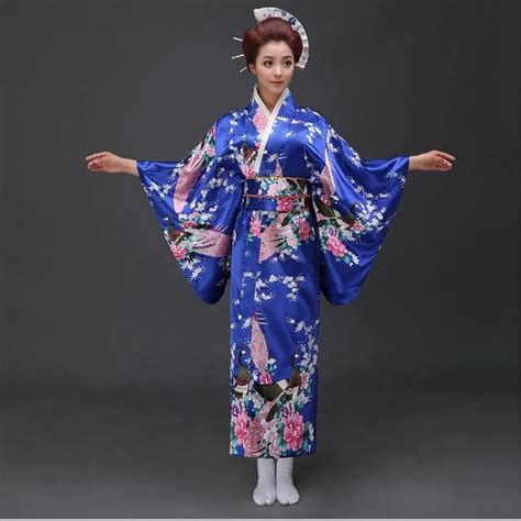 Buy Blue Japanese National Women Silk Kimono Yukata With Obi Novelty Evening