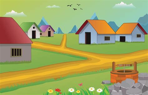 cartoon village scene vector illustration   houses