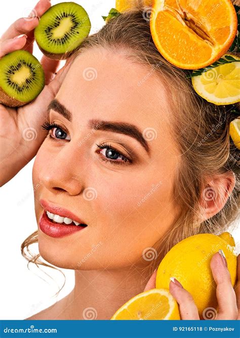 Woman Hair Fruits Fresh Mask on Head Growth. Stock Photo - Image of