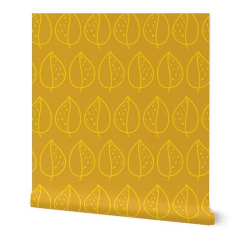 Doodle Leaves On A Mustard Gold Wallpaper Spoonflower