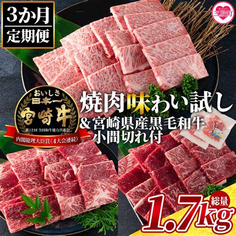 3ヶ月定期便】総重量17kg 宮崎牛焼肉味わい試し 宮崎県産和牛小間切れ付き＞国産 九州産【mi241 My】【ミヤチク】 宮崎県三股町