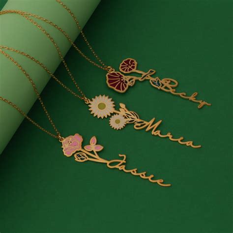 Personalized Birth Flower Necklace Custom Name Necklace Floral Name