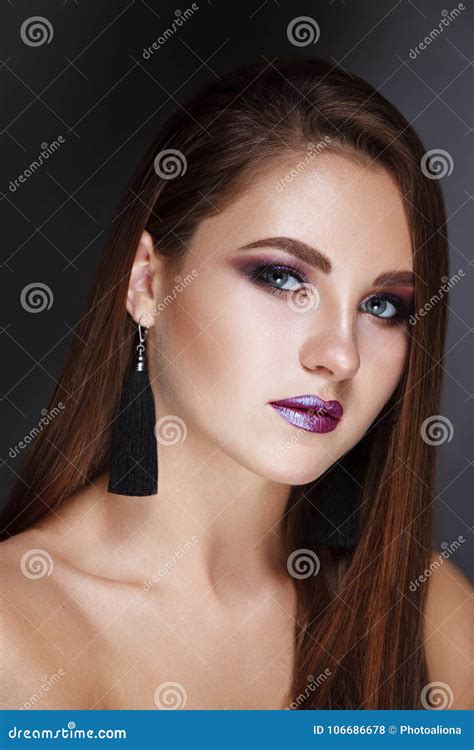 Beautiful Brunette Woman With Long Healthy Straight And Shiny Hair Hairstyle Loose Stock