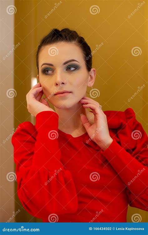 Sensual Beautiful Brunette Woman Posing In Red Dress Girl With Long Hair Stock Photo Image Of