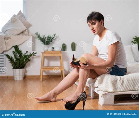 Gay Trying On High Heels The Guy With Makeup Stock Photo Image Of Parade Lucky 291985852