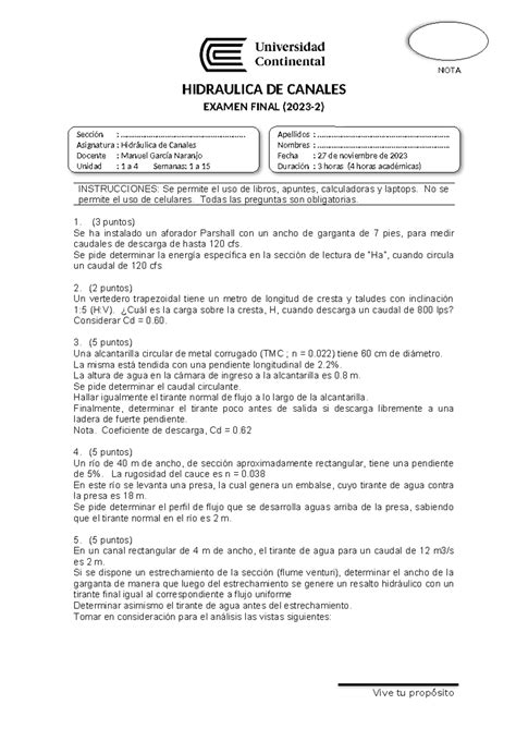 Examen Final De Hidr Ulica De Canales Formato Uc Tema Lunes