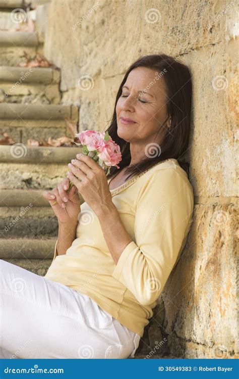Romantic Mature Woman In Love With Rose Stock Image Image Of Daydreaming Outdoor