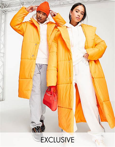 Collusion Unisex Longline Nylon Puffer Coat In Orange Asos