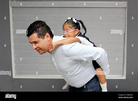 Single Divorced Dad And 4 Year Old Daughter In School Uniform Brunette Latinos Play And Spend