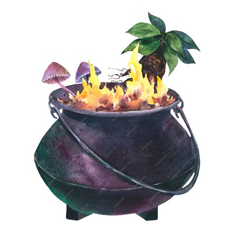 Premium Photo Watercolor Witch Cauldron With Mandragora Plant And