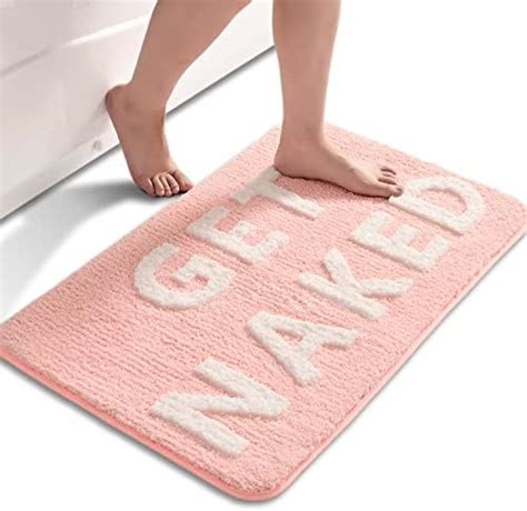 QJHOMO Get Naked Bath Mat Cute Pink And White Bathroom Rugs Funny Non Slip Bathtub Decor Mats
