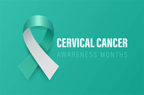 Cervical Cancer Banner Card Placard With Vector 3d Realistic Teal And White Ribbon On Teal