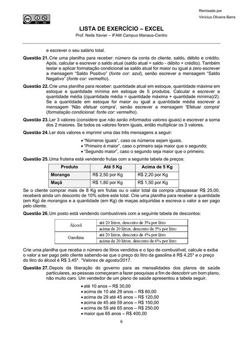 Lista de Exercícios - Excel | PDF