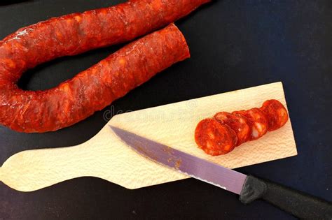 Chorizo Wood Knife Black Background Stock Photos Free And Royalty Free