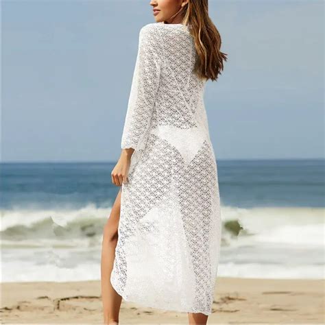 Lace Hollow Beach Dress Tunic White Women Bikini Cover Up Long Cardigan Beach Wear Cover