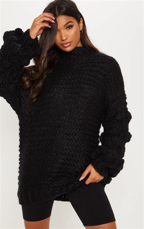 Black Oversized Jumper Knitted | Knitwear | PrettyLittleThing