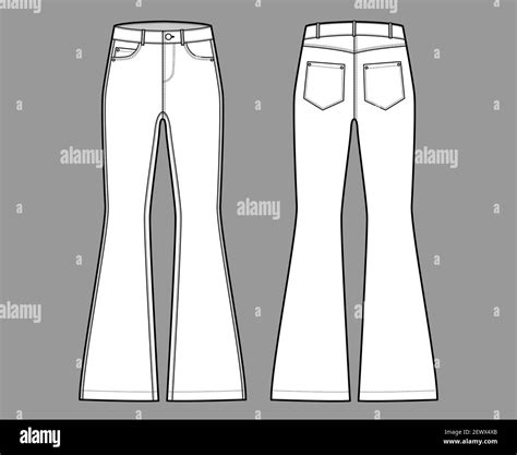 Jeans Flared Bottom Denim Pants Technical Fashion Illustration With Full Length Low Waist 5