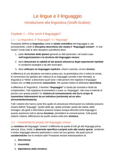 Riassunto completo "Le lingue e il linguaggio" - Graffi/Scalise