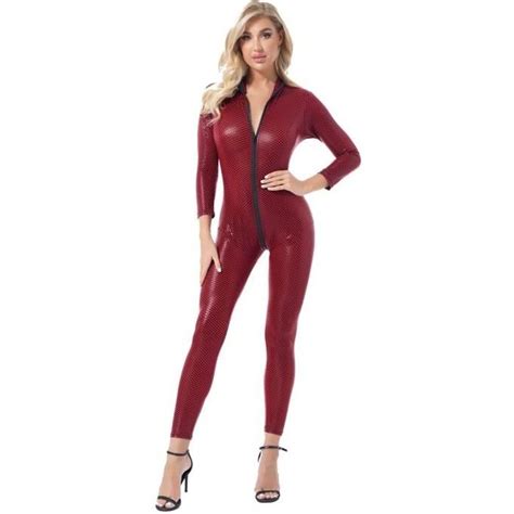 Iixpin Catsuit Femme Sexy Cuir Verni Combinaison Wetlook Lingerie Et G String Erotique S 4XL
