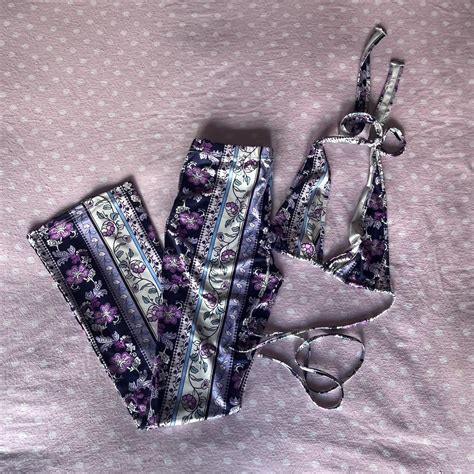 Shein Purple And Blue Floral Print Bikini Set Depop