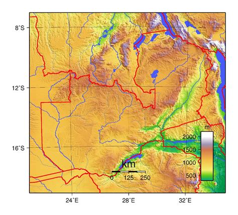 Large topographical map of Zambia | Zambia | Africa | Mapsland | Maps of the World