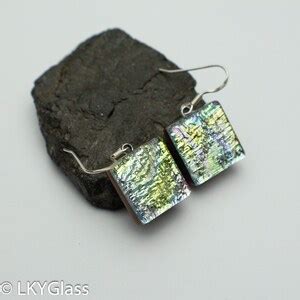 Yellow Dichroic Glass Earring Rainbow Yellow Dichroic Earring Pink