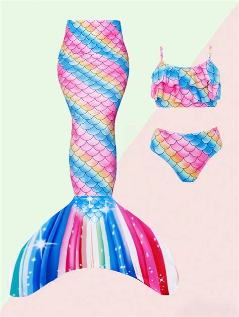 Shein Conjunto De Mai Bikini Estampa De Escamas De Peixe Para Meninas Pr Adolescentes