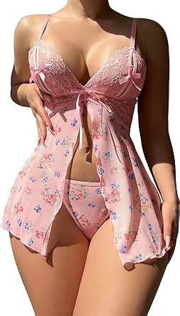 Foxiny Sexy Cupless Open Front Bows Floral Lace Sheer Babydoll Lingerie Dress Set With Thong
